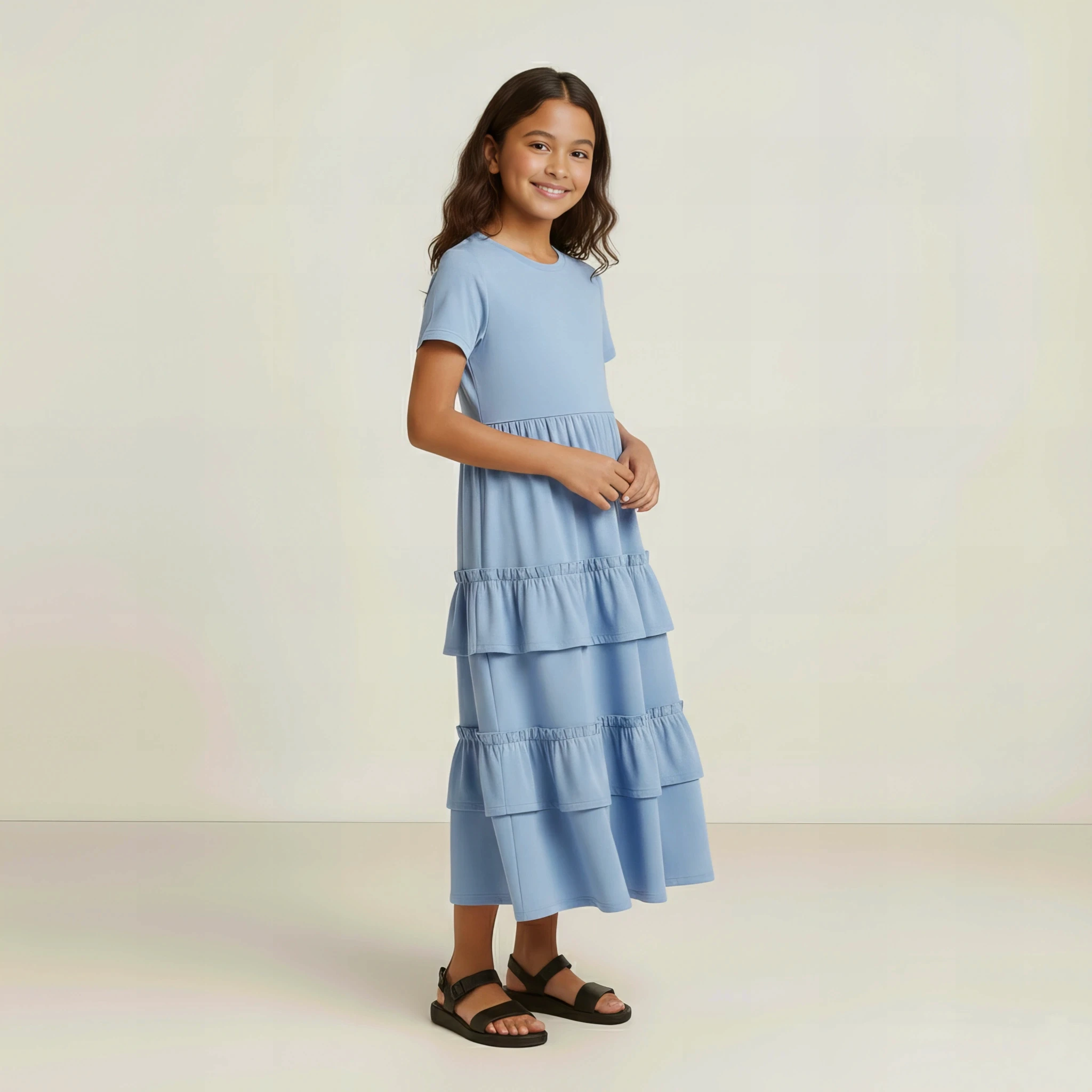 Linen Ruffle Dress in Sky Blue