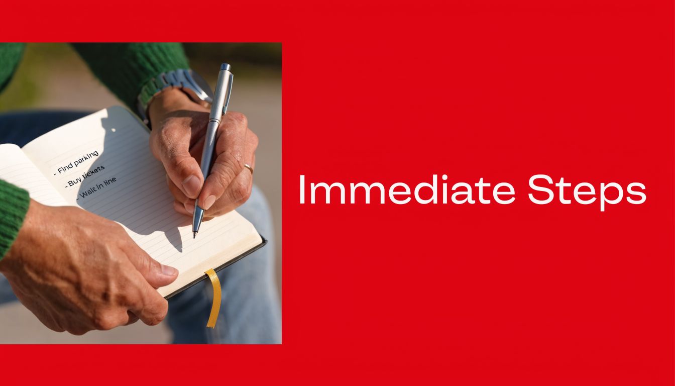 A person writing an immediate steps to-do list in a notebook on a bright red background.