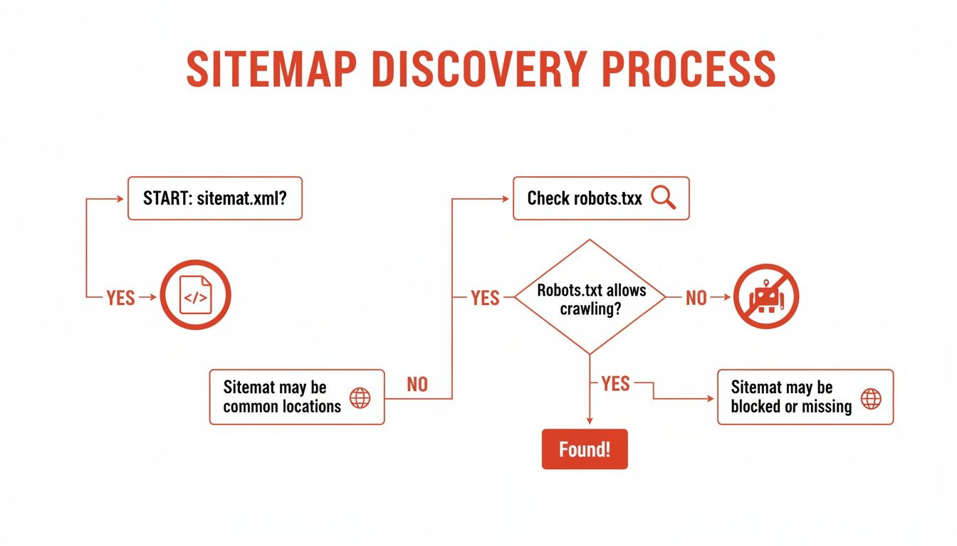 Flowchart illustrating the sitemap discovery process, checking sitemap.xml, robots.txt, and common locations.