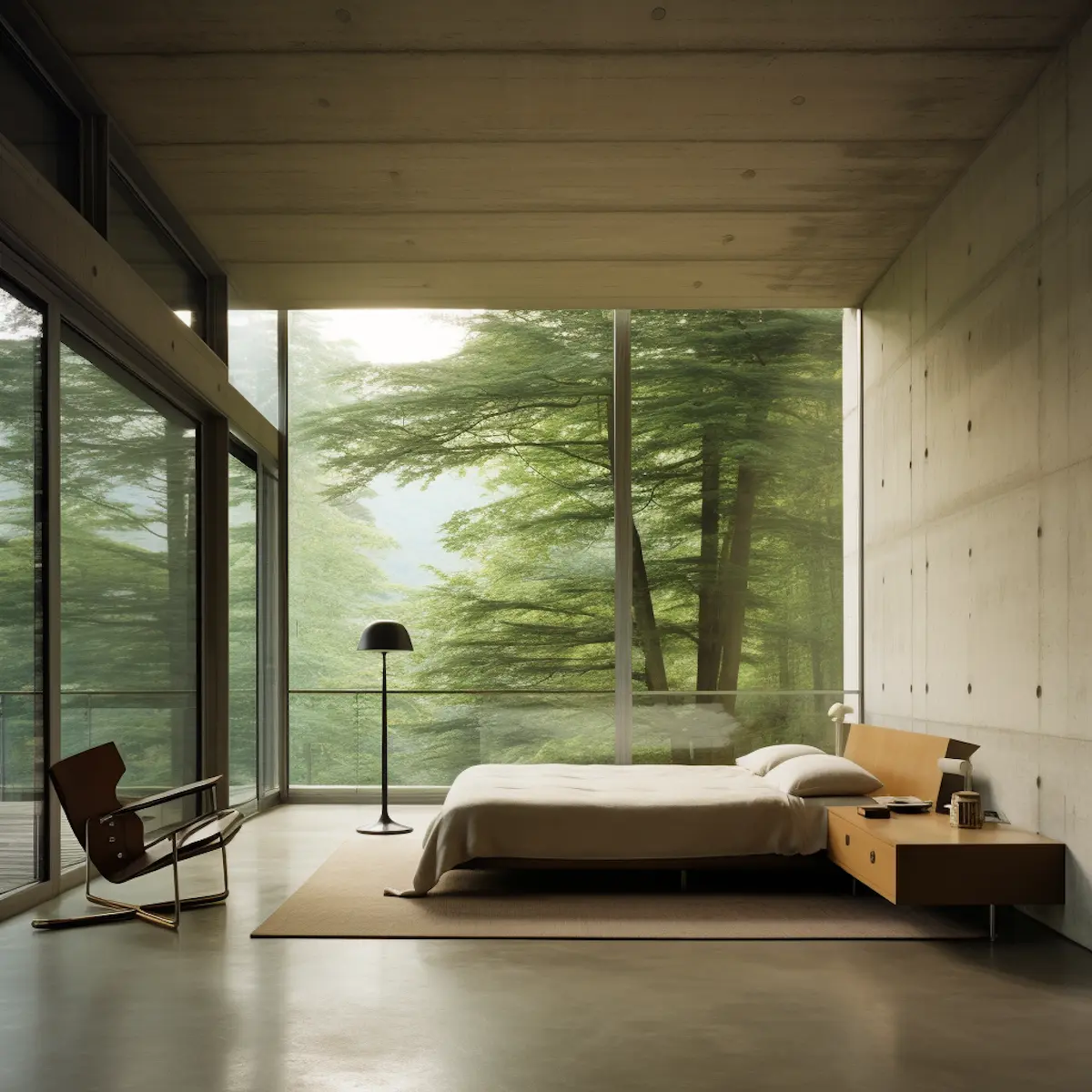 Minimalist bedroom with concrete walls and forest views.