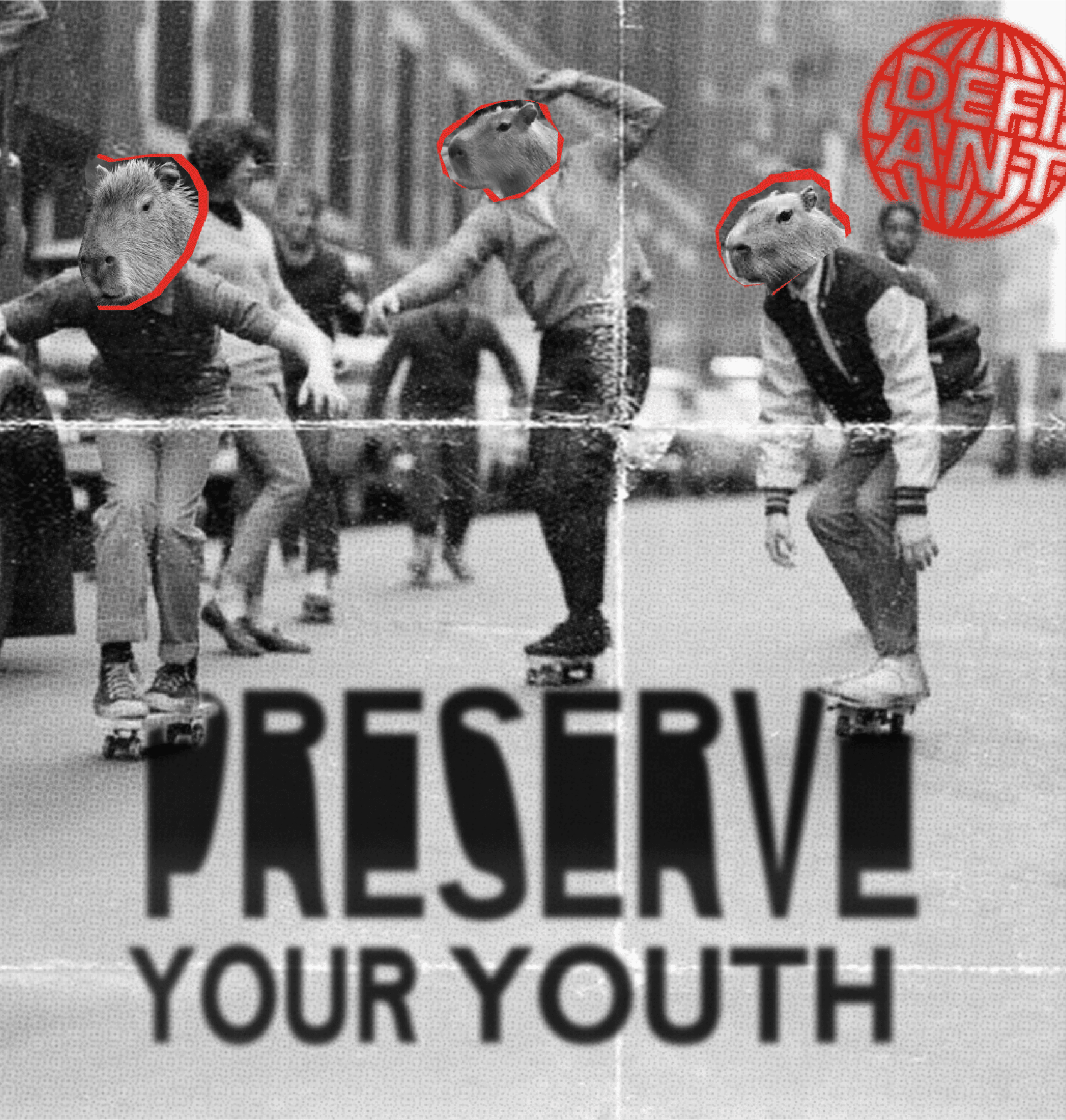 Black-and-white skateboard scene with capybara heads edited onto riders and “Preserve Your Youth” text