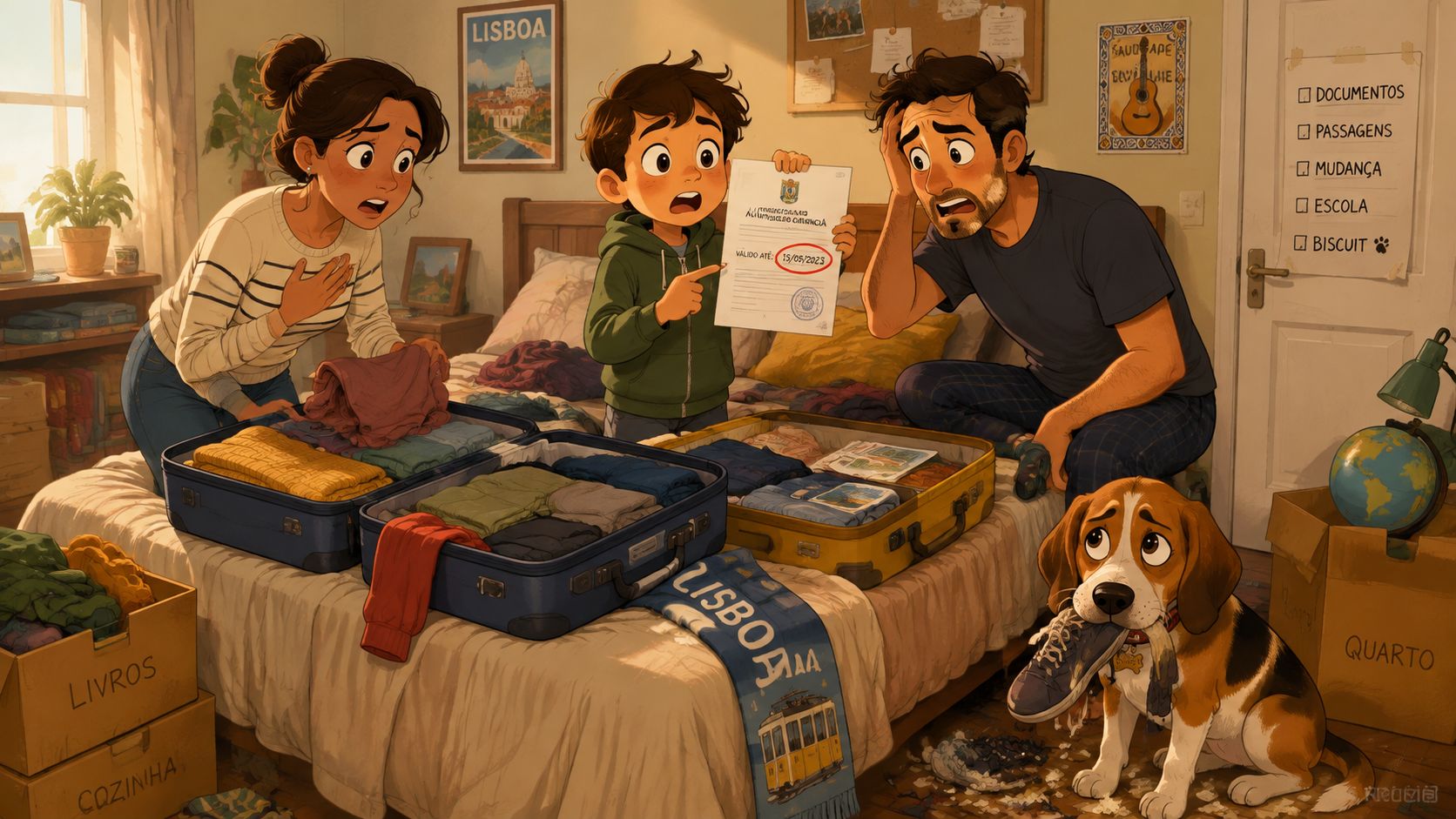 A concerned family discovers an expired document while frantically packing suitcases for their upcoming move to Lisbon.