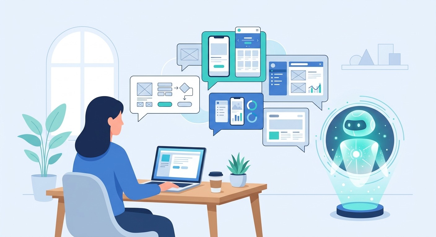 Illustration of a person chatting with an AI assistant on a laptop with app screens floating around them