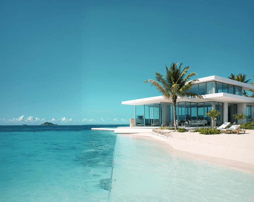 A white house by the beach featuring a swimming pool, surrounded by sand and ocean views.