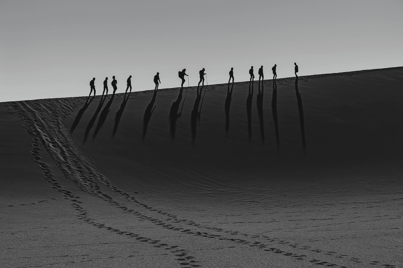 A row of people walking up a sand dune with footprints in black and white