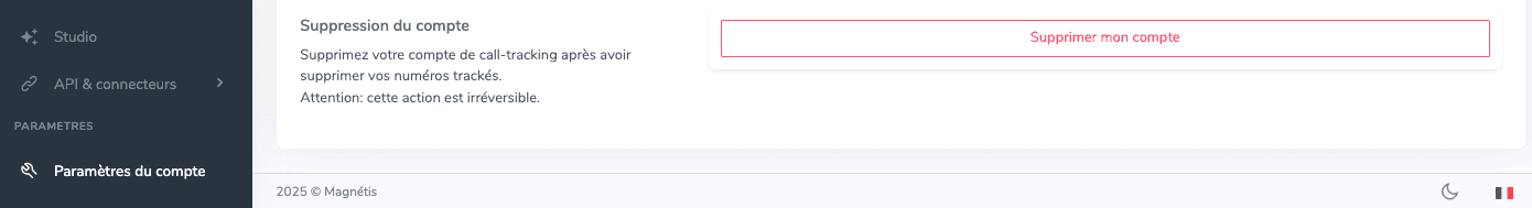 Interface de suppression de compte Magnétis