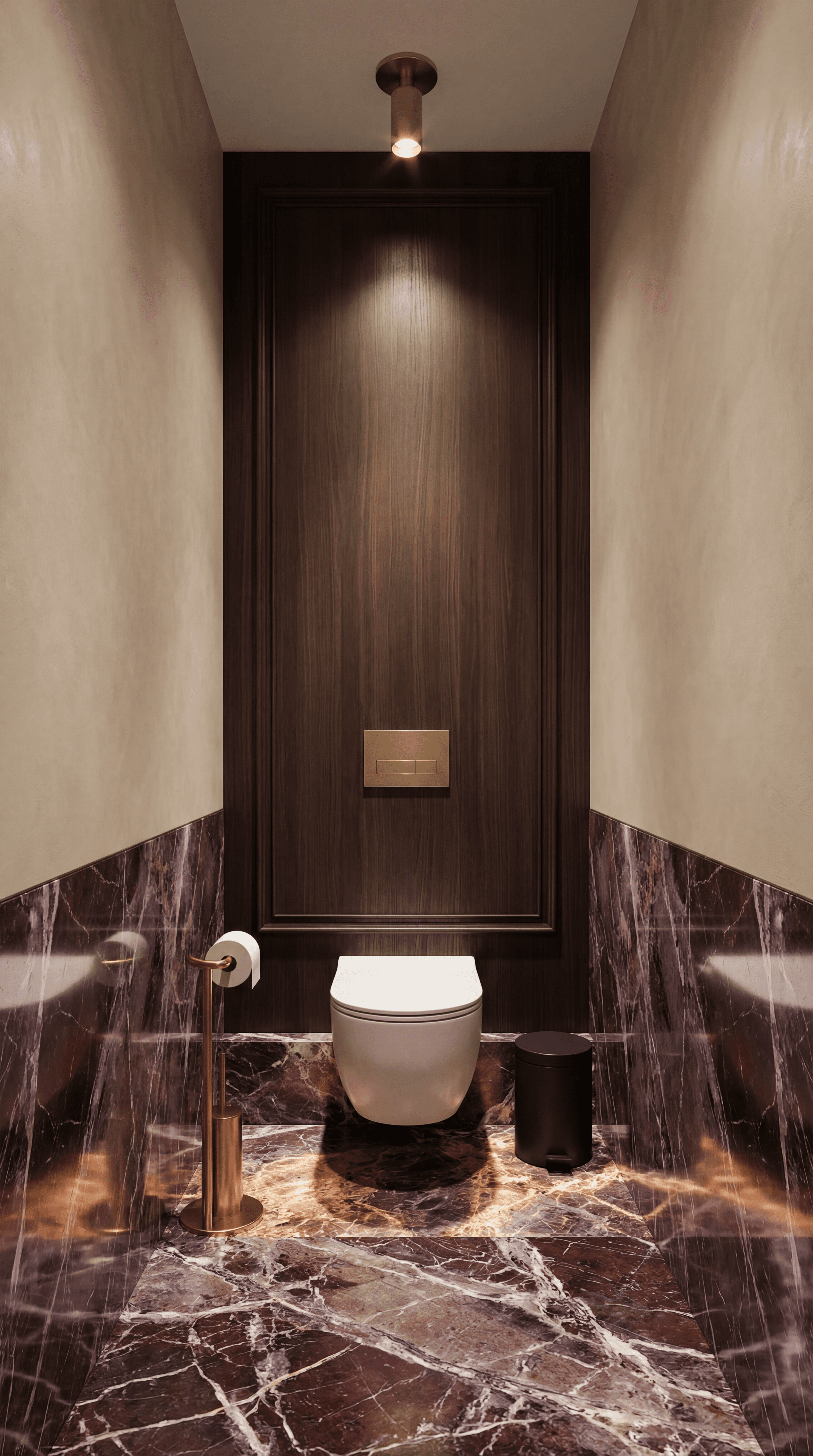 Luxury powder room with dark timber wall paneling, burgundy marble wainscoting and brass fixtures, front-on view