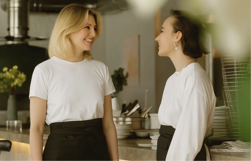 Two cafe staff members chatting