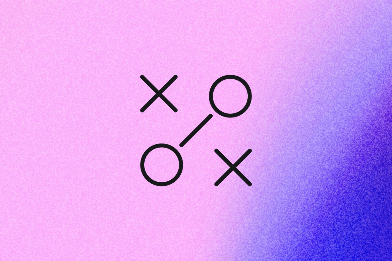 Abstract graphic showing X and O shapes connected by a diagonal line against a pink-to-purple gradient background.