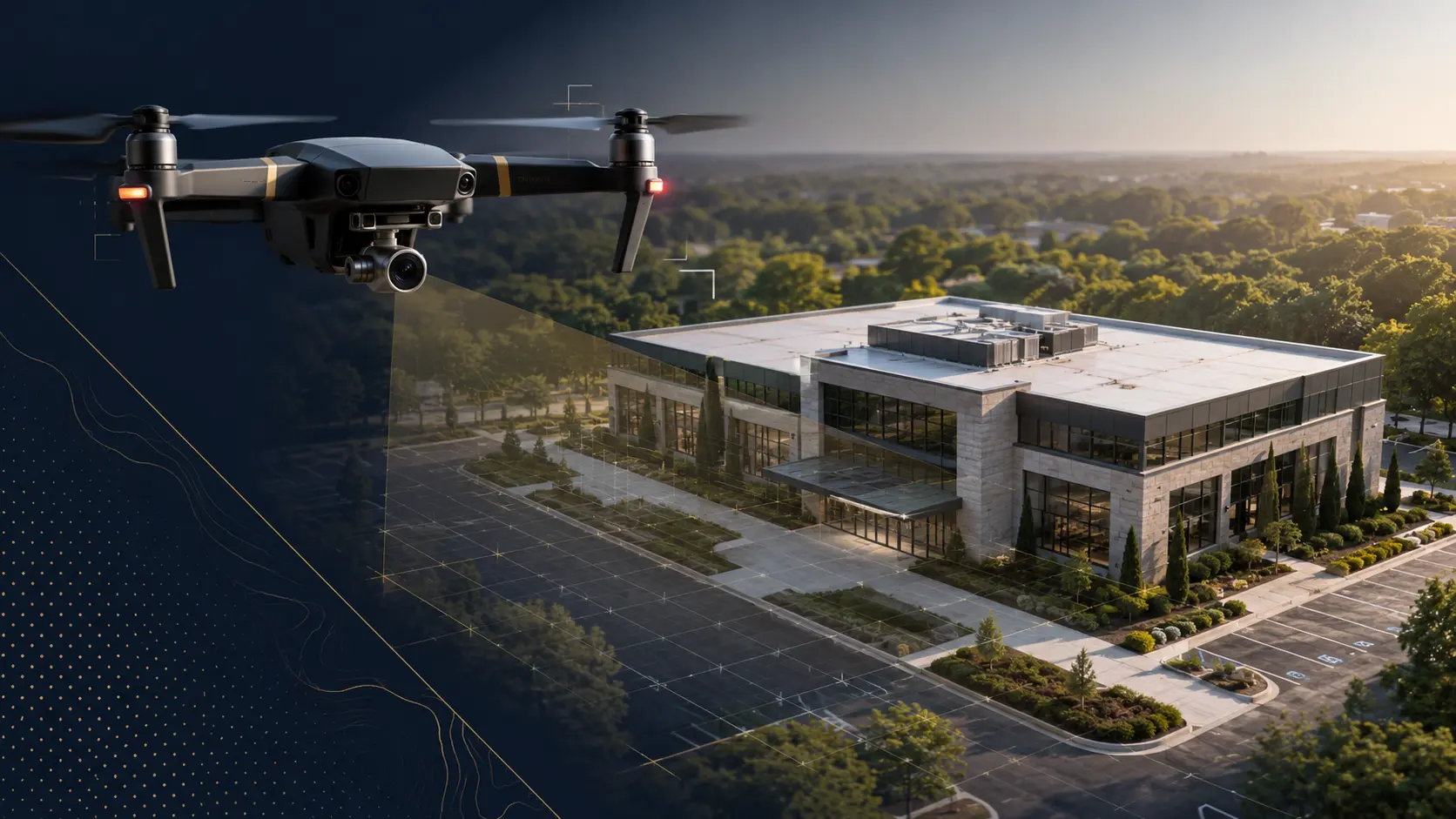 Drone performing aerial imaging and property documentation over a modern commercial building.
