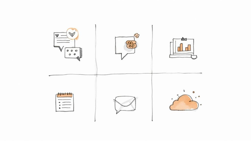 A hand-drawn grid of six icons representing online communication, data, tasks, email, and cloud services.