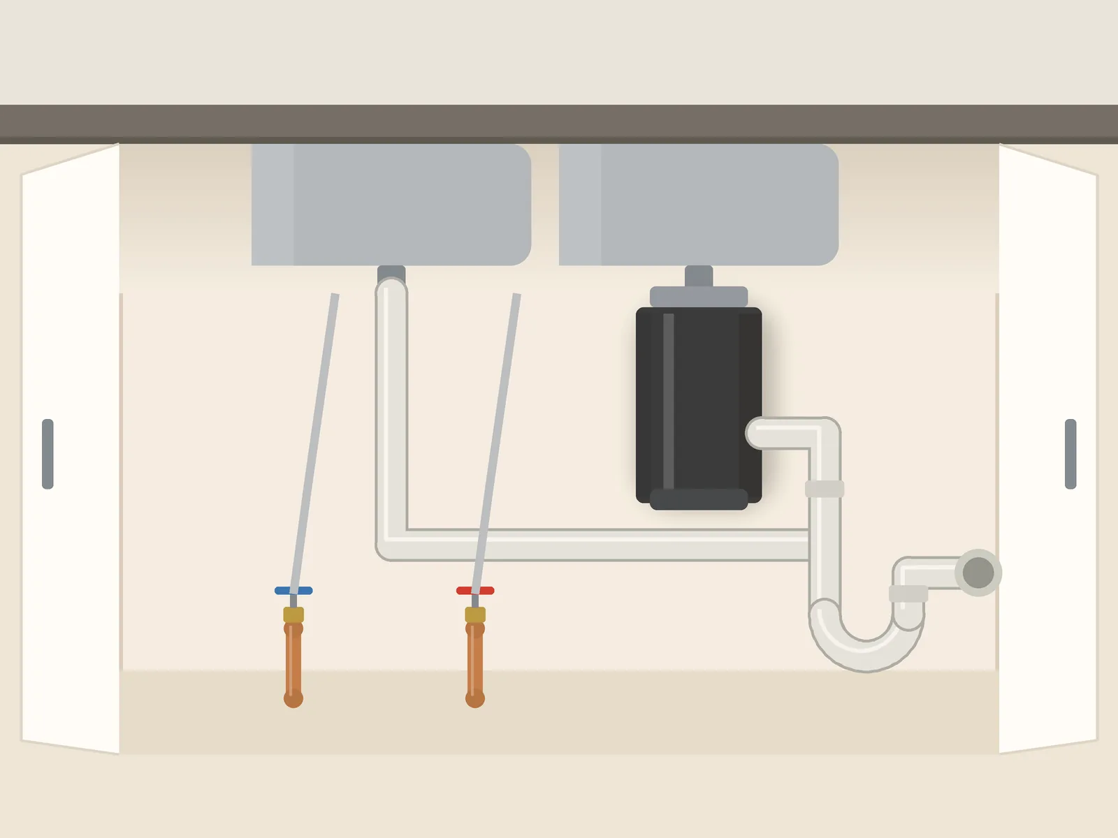 Under-sink view of a new double sink, garbage disposal and drain trap