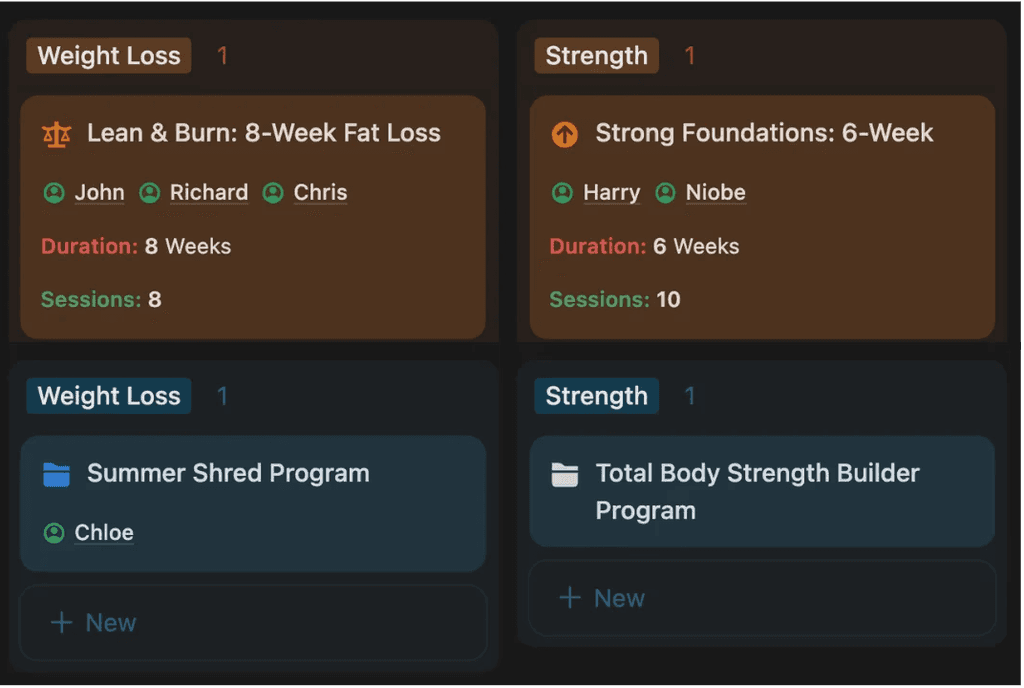 personal trainer Notion training plan builder