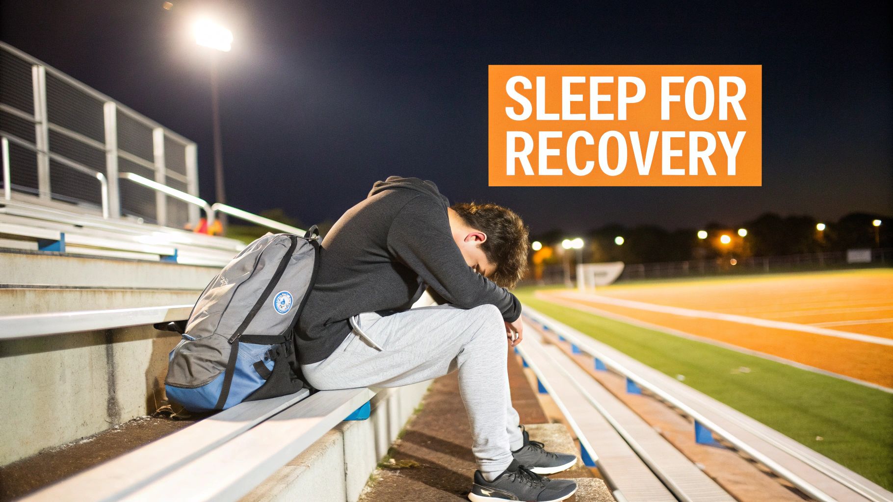 A tired young person sits on stadium bleachers at night with their head down, promoting 'SLEEP FOR RECOVERY'.