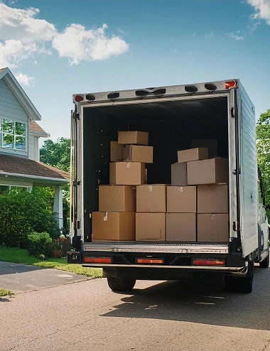 Open delivery truck packed with cardboard boxes parked in front of suburban houses.