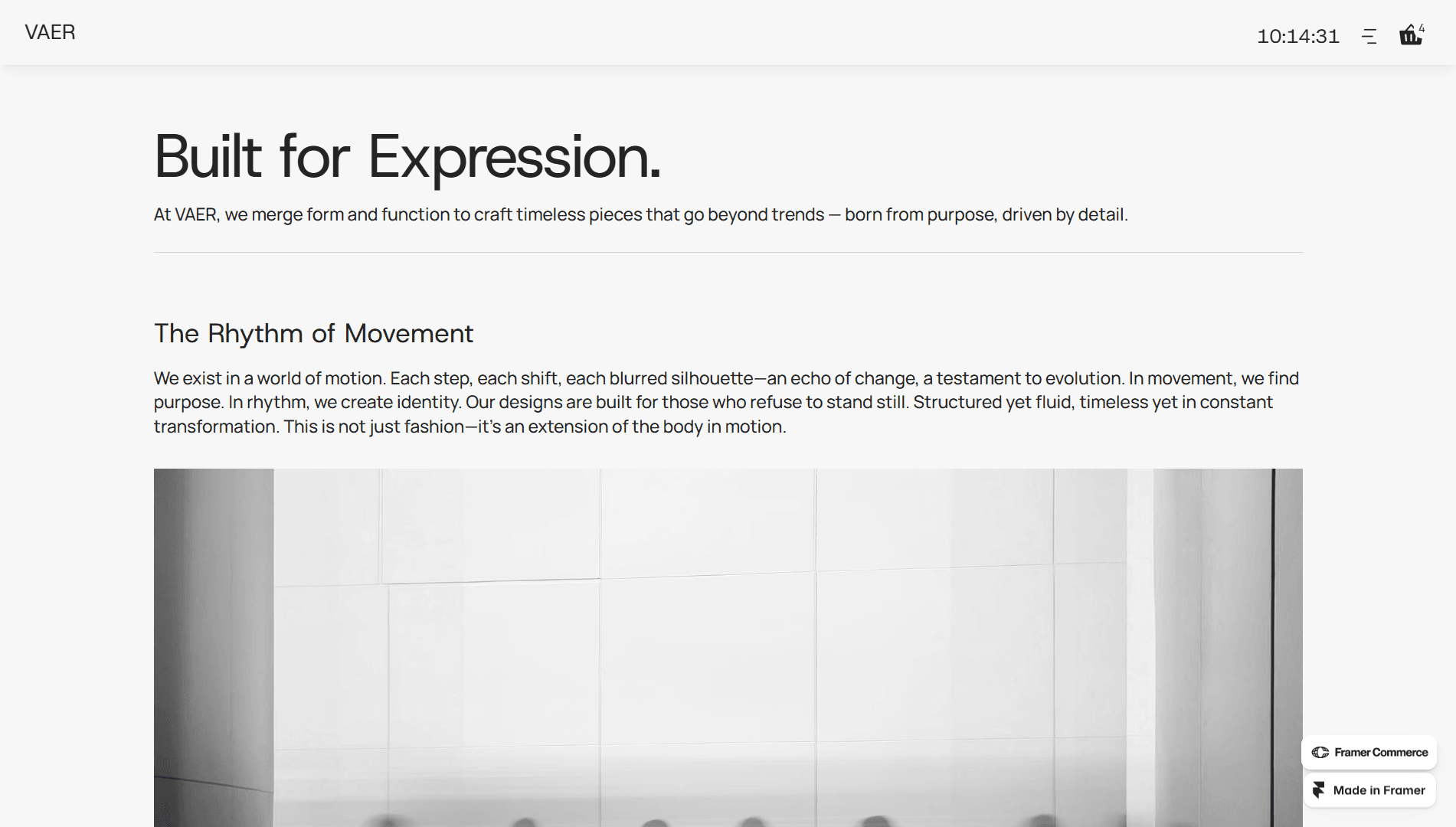 Text-heavy section titled "Built for Expression" and "The Rhythm of Movement," discussing the connection between identity and motion. The bottom edge shows a cropped, abstract motion-blurred image.