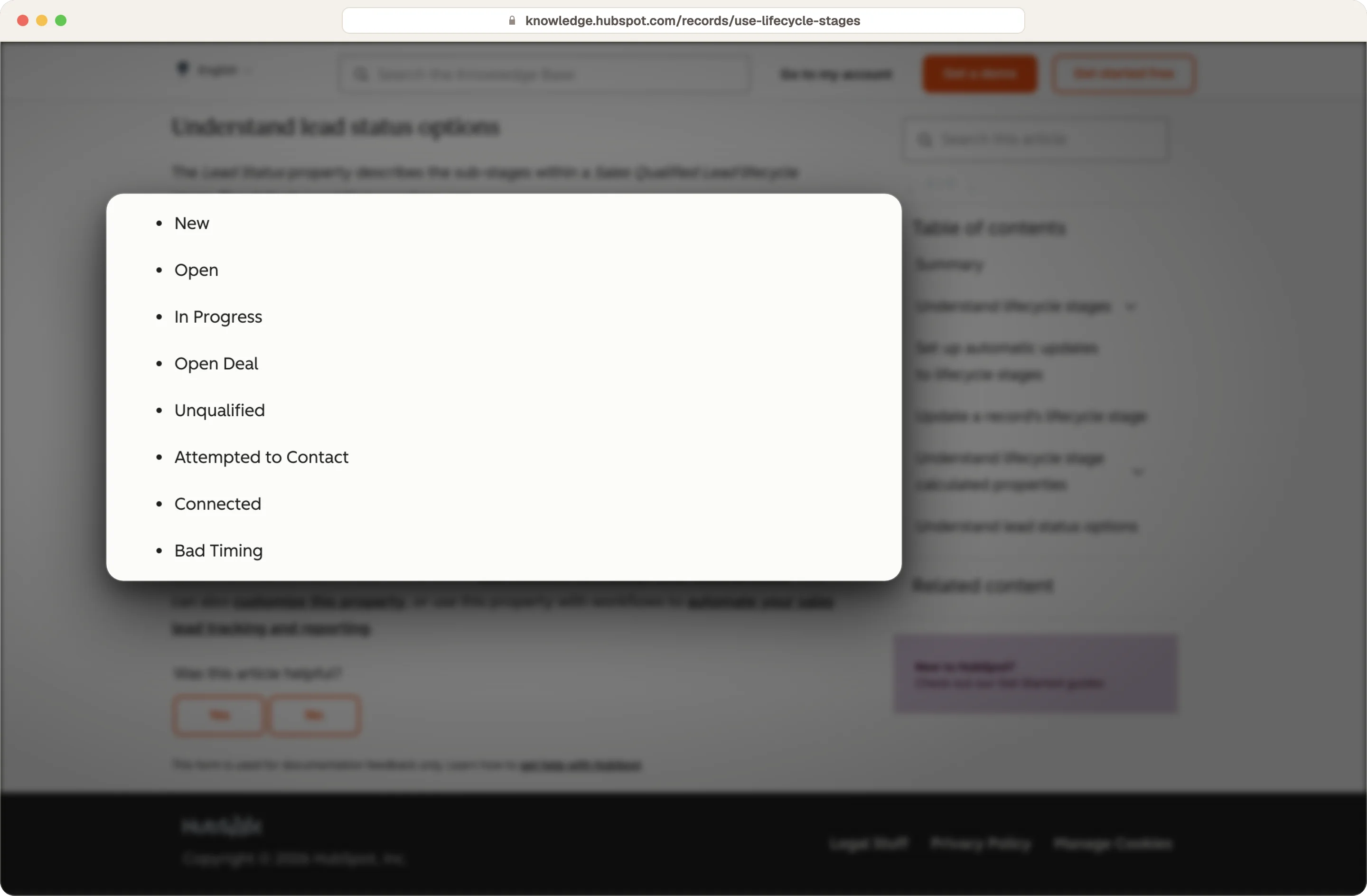 HubSpot knowledge base listing the default lead status values, from New to Attempted to Contact and Bad Timing