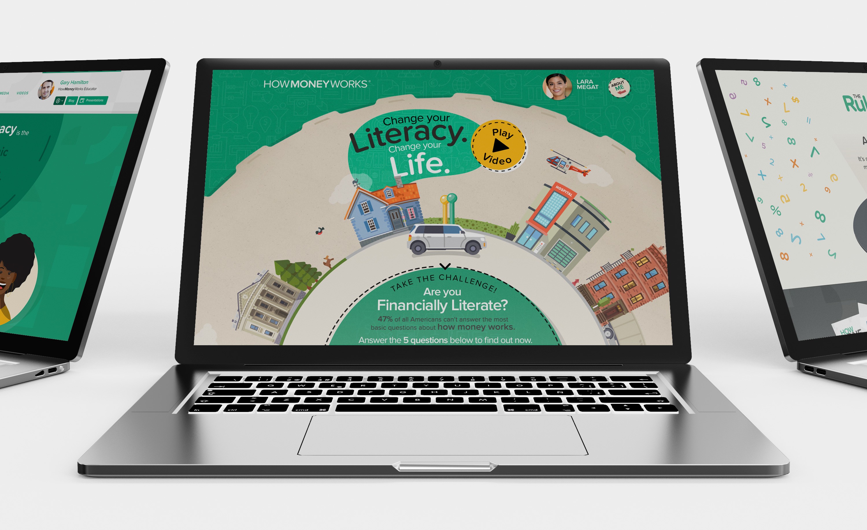 Beyond the product and book, I provided creative direction for a full suite of digital learning modules, including video content, quizzes, and interactive learning experiences. That meant establishing the visual tone, character integration, and overall look and feel across every format. Keeping that consistency from the book to the screen to an interactive quiz was essential to making HowMoneyWorks feel like a complete program rather than a collection of disconnected pieces.