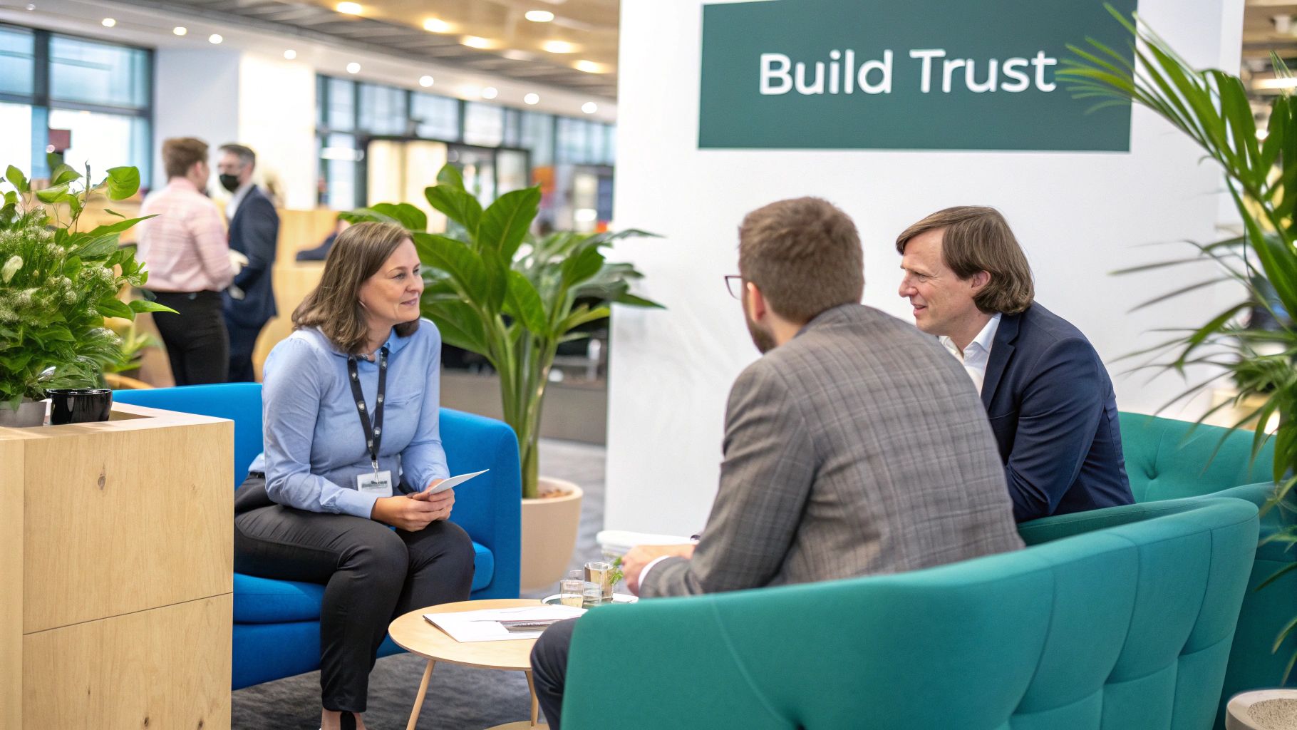 An illustration showing people connecting and networking through social media apps on their phones, representing social selling.