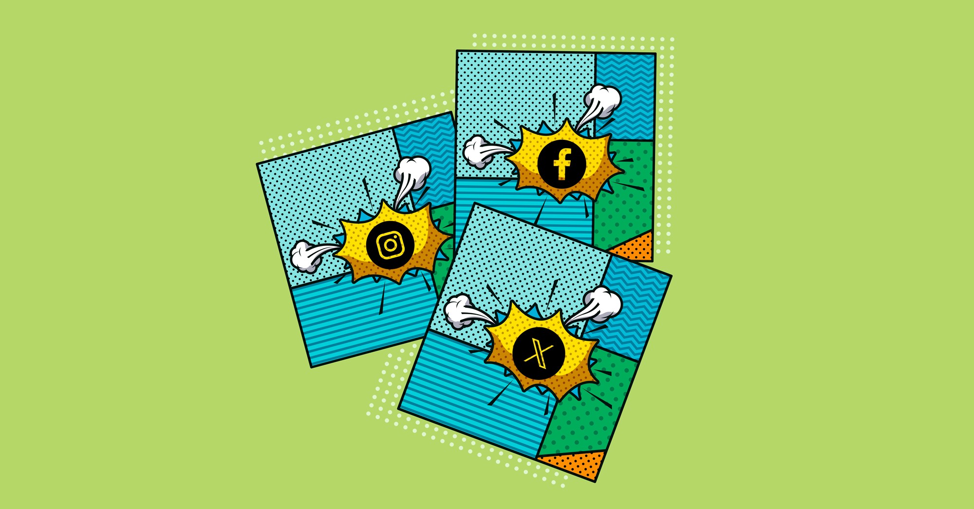 Ilustración de logos de redes sociales estilo cómic sobre fondo verde.