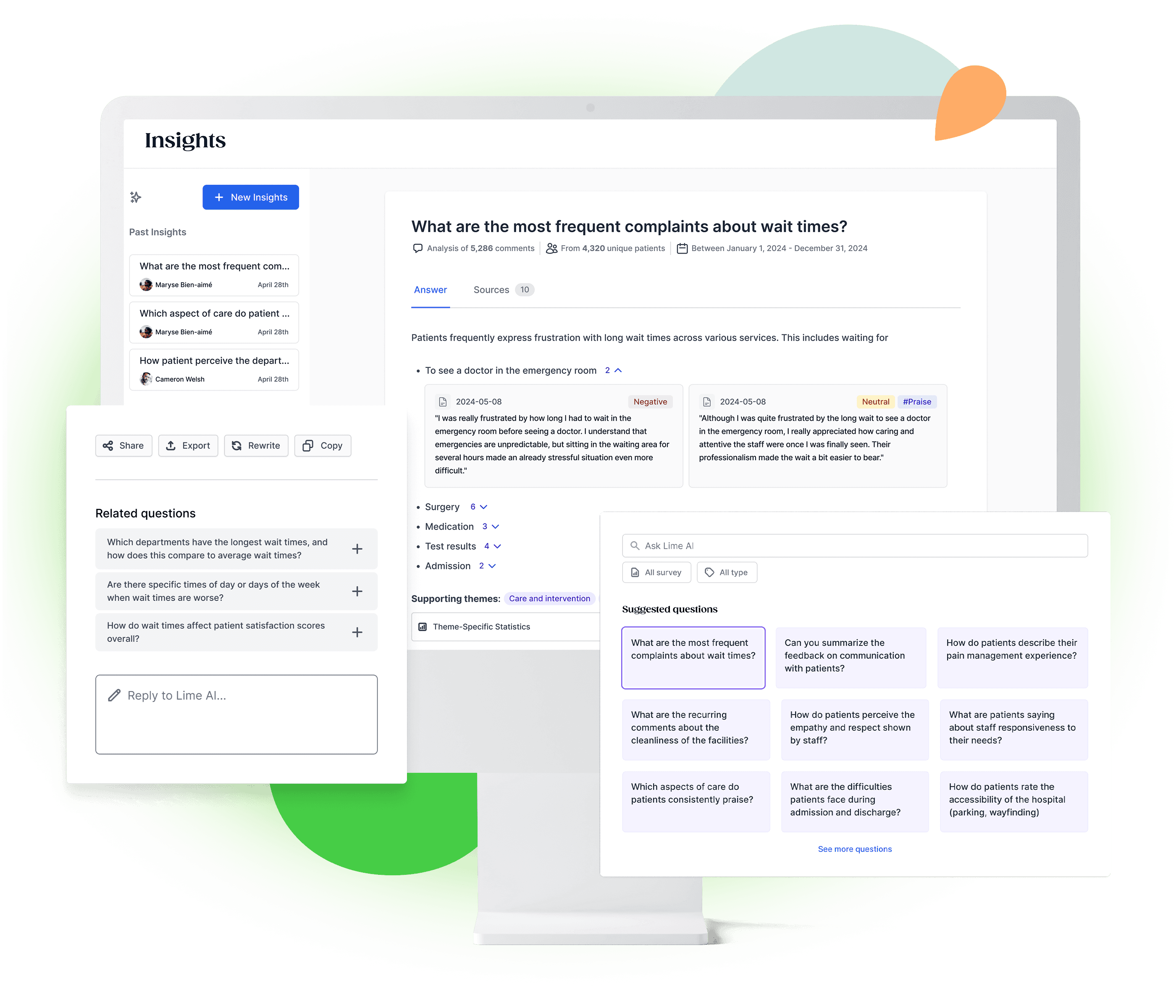 Patient return dashboard presenting information on waiting times, comments, and concerns in a dark interface.