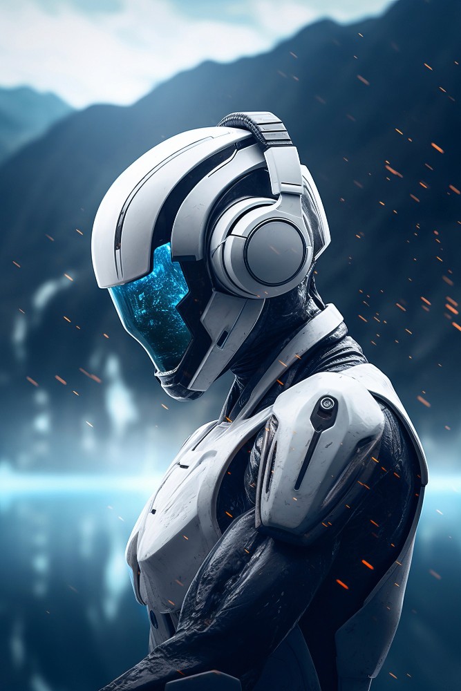 A sleek white and black futuristic figure wearing a helmet and headphones