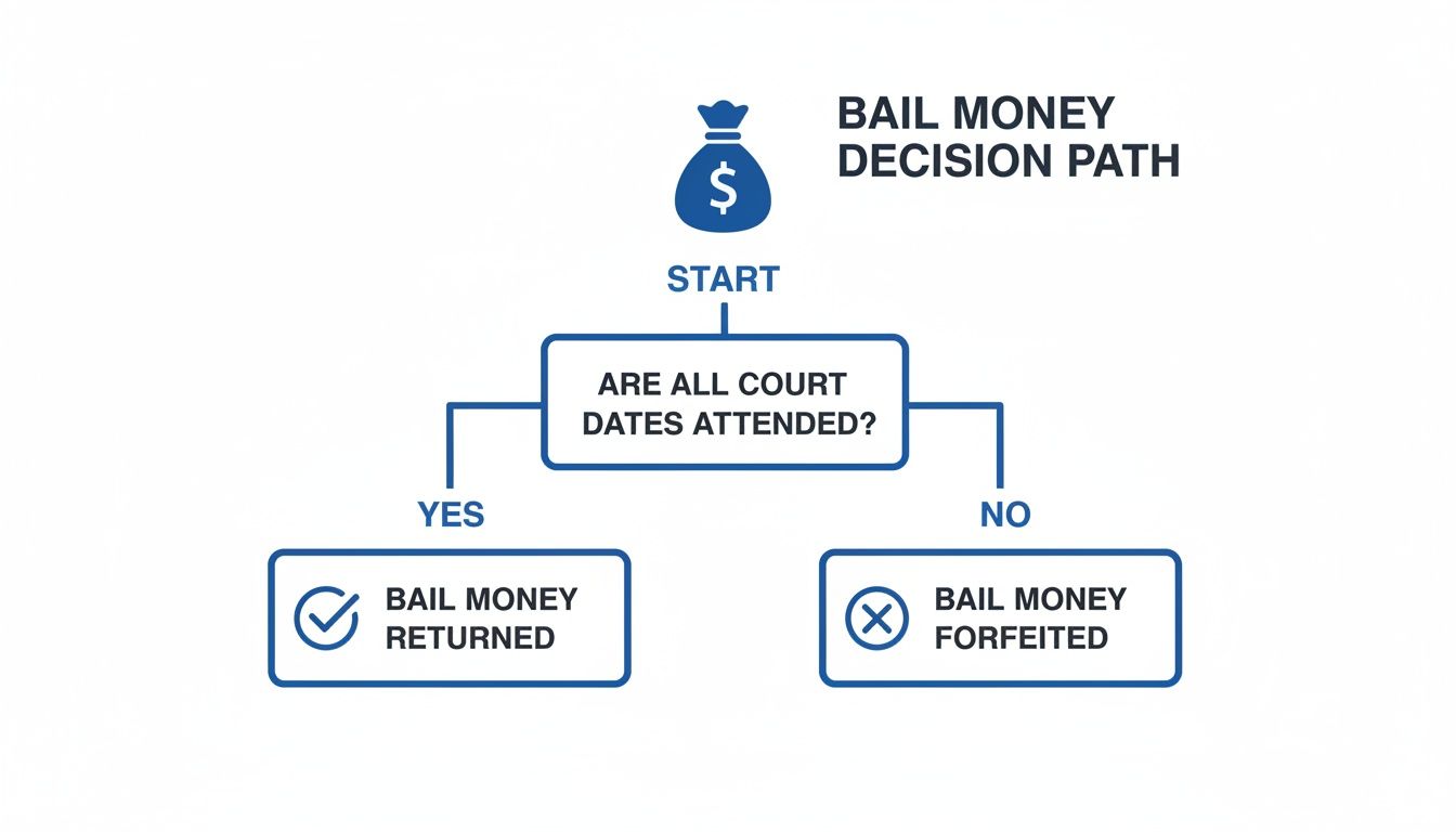 Flowchart illustrating the bail money decision path: returned if court dates are attended, forfeited if not.