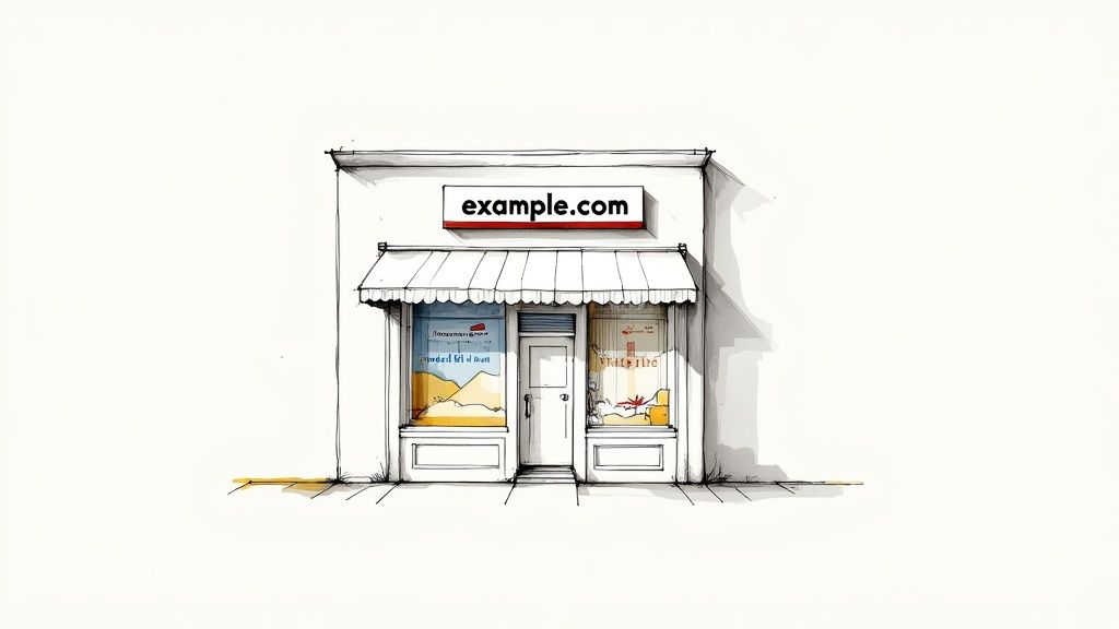 A cartoon-style drawing of a small shop with an awning and an 'example.com' sign.