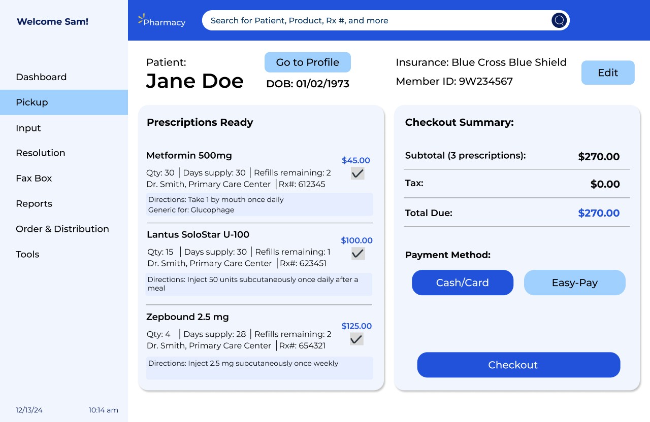 A redesign of the Walmart pharmacy software featuring a patient's profile with prescriptions that are ready, the total cost, and checkout options.