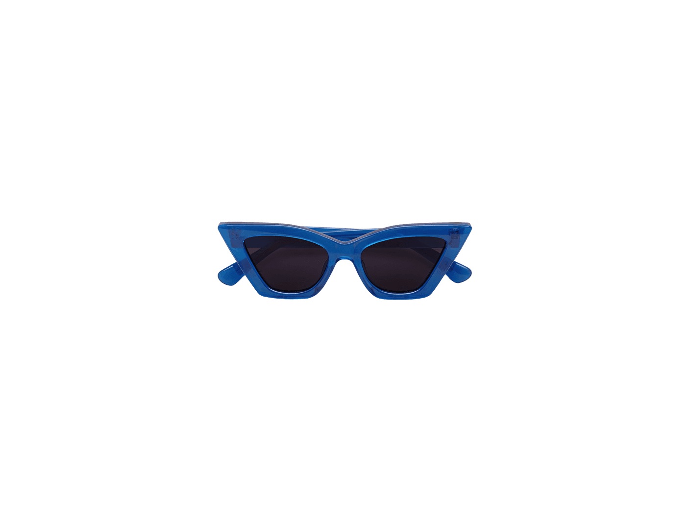 translucent blue cat-eye sunglasses with dark lenses, front view.