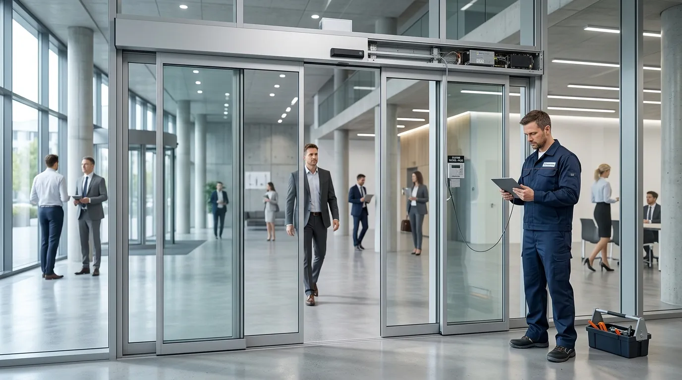 Technician testing an automatic sliding door after maintenance