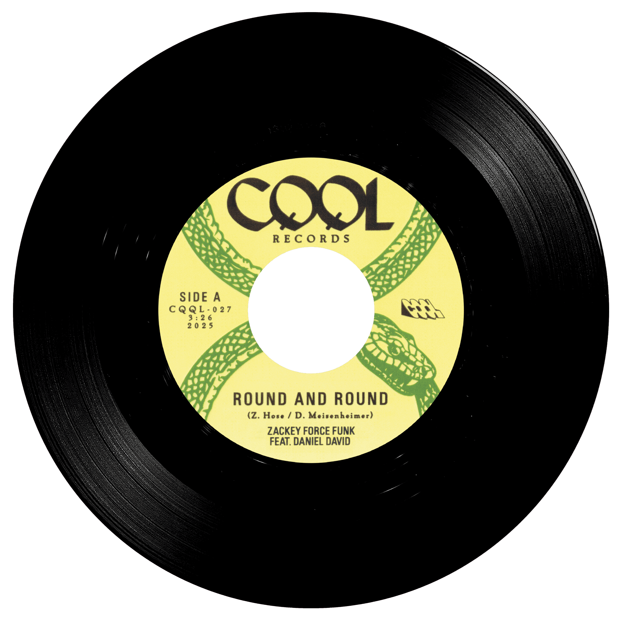 Black vinyl record with yellow label featuring 'CQQL Records' on a white background