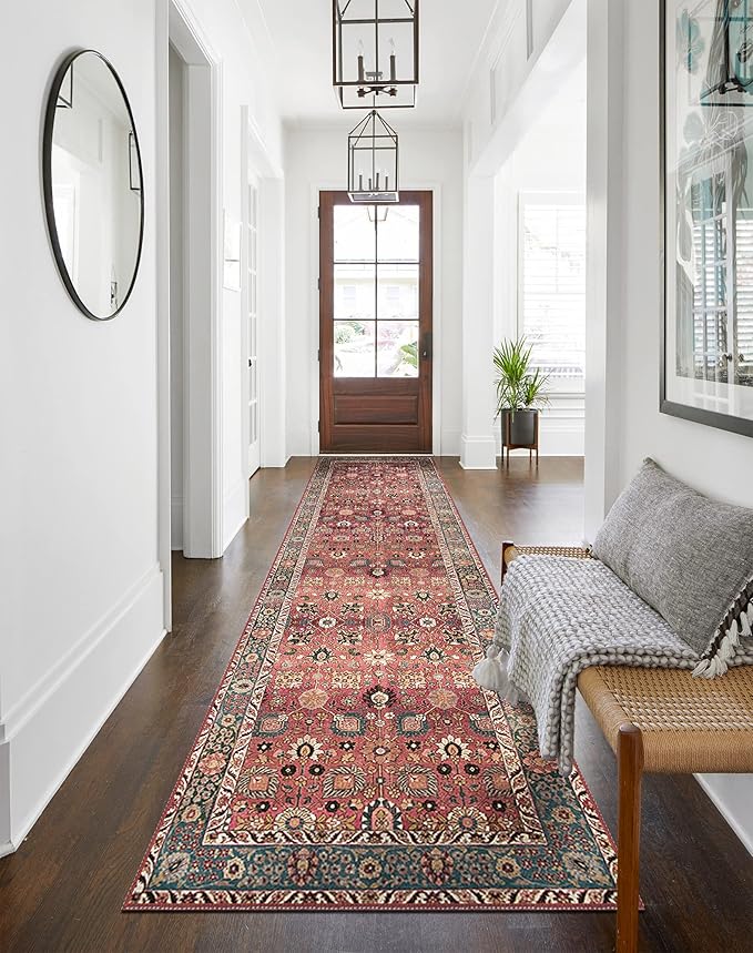 Red and black runner rug adds a stylish touch to home decor.