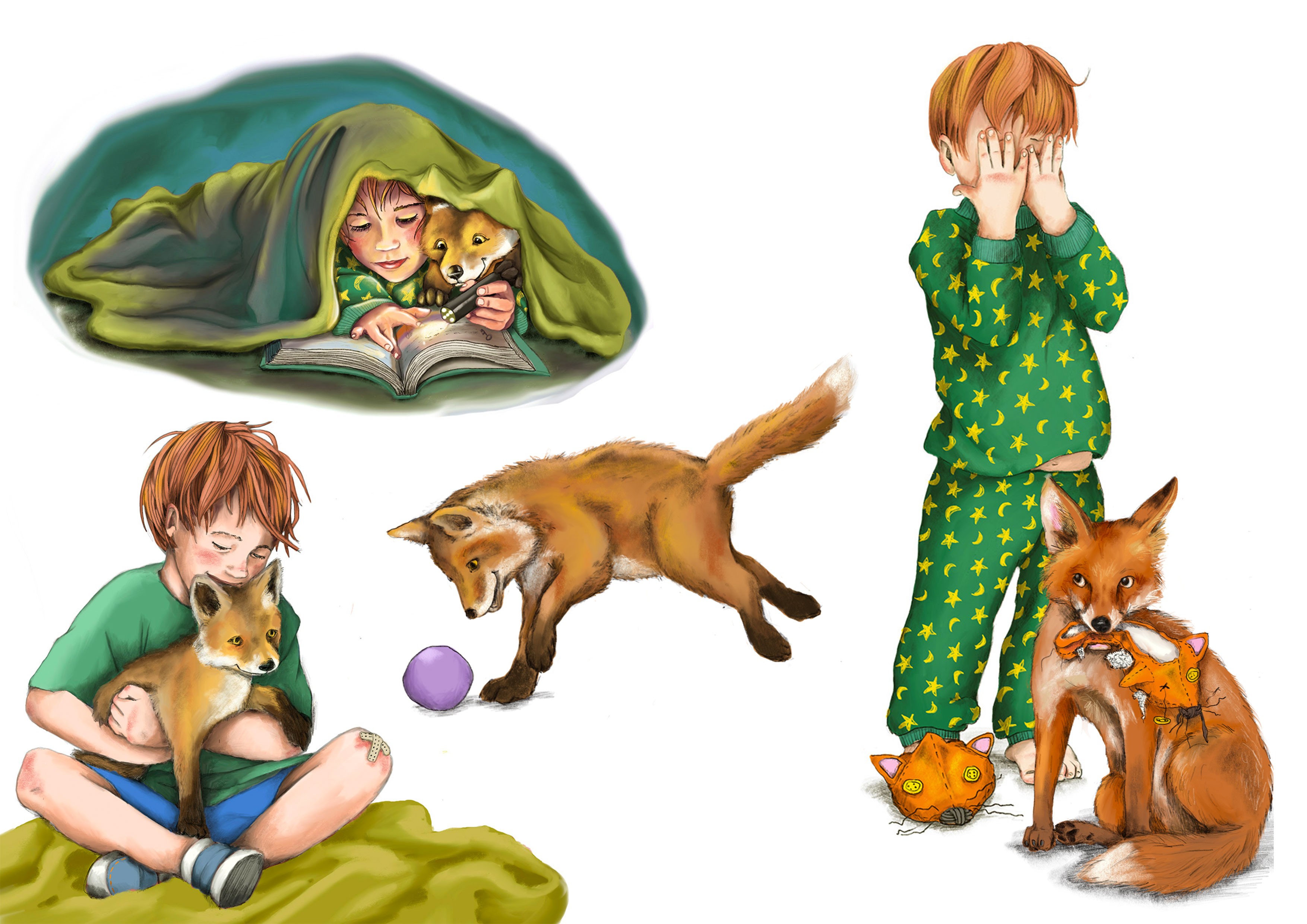 Ein Junge mit Fuchs in verschiedenen Situationen.