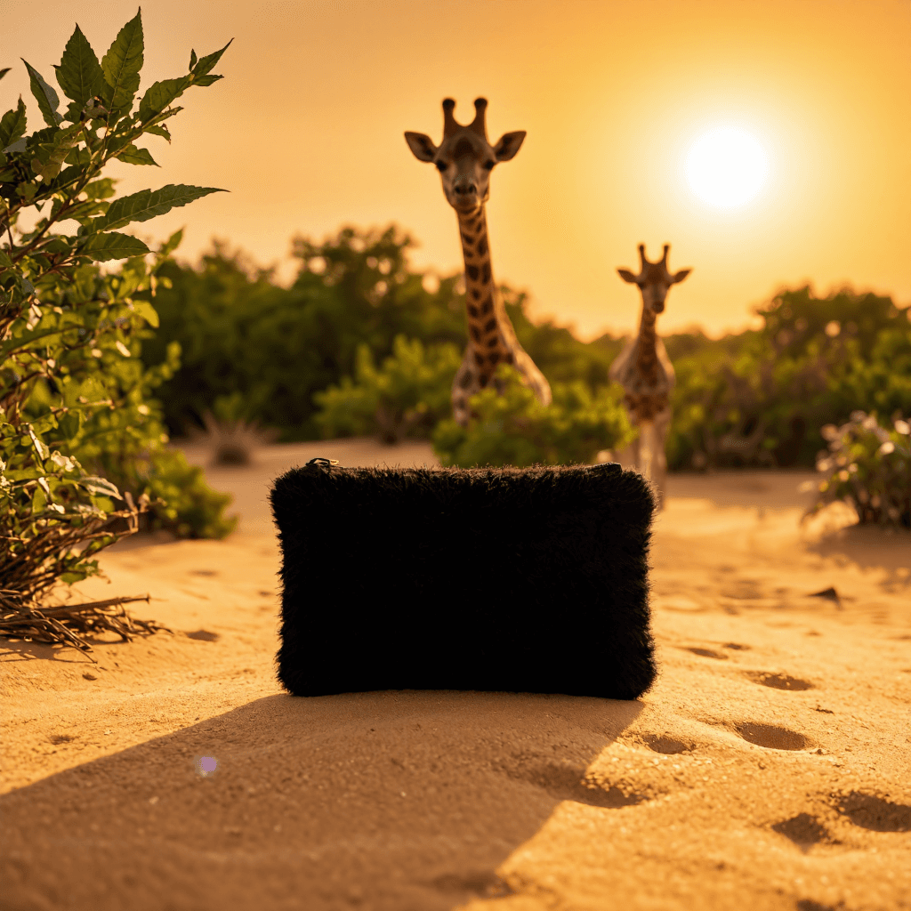 product photography of a black fuzzy pouch
