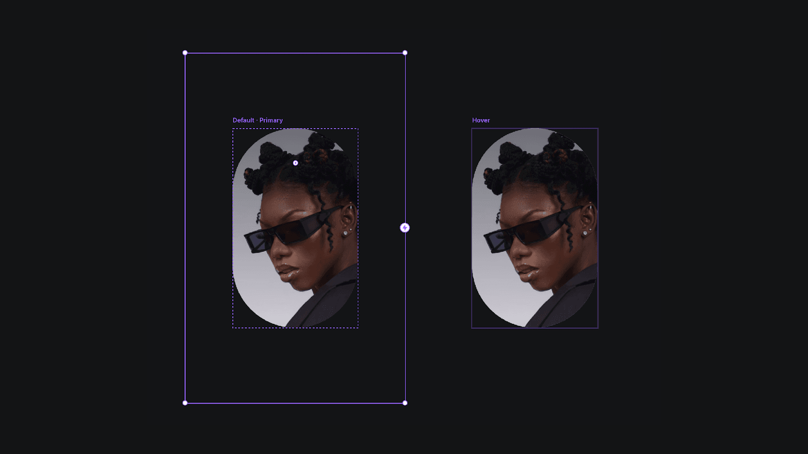 UI design interface showcasing an interactive hover effect on a portrait of a woman wearing sunglasses, transitioning between default and hover states in an oval frame