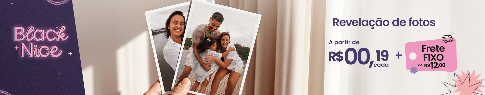 Banner promocional, revelação de fotos a partir de 0,18 centavos cada foto, + frete fixo de doze reais