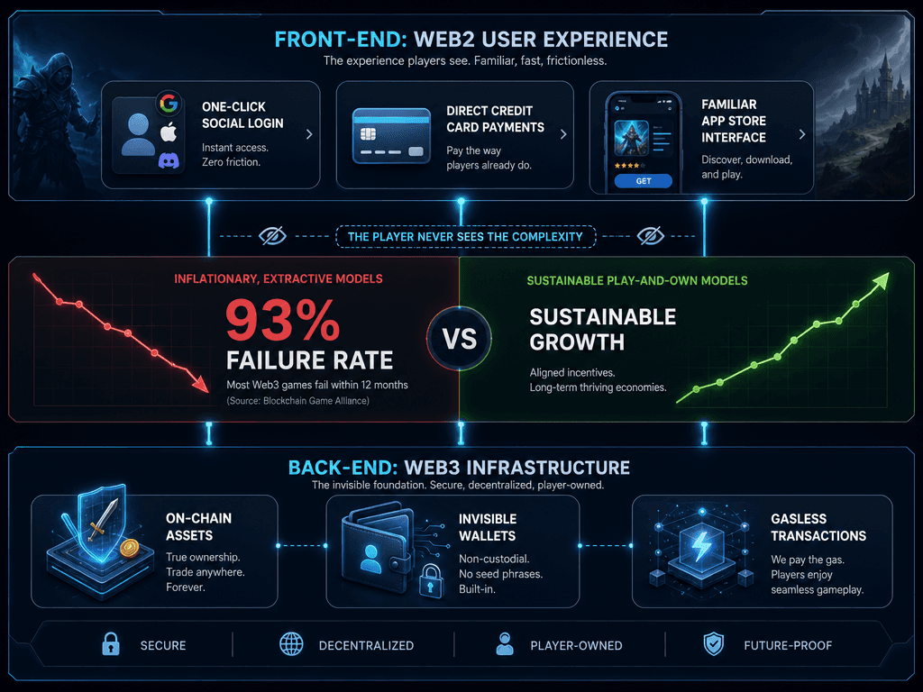 Infographic showing the Web2.5 Mullet strategy for NFT games, contrasting seamless Web2 user experience with secure Web3 backend infrastructure.