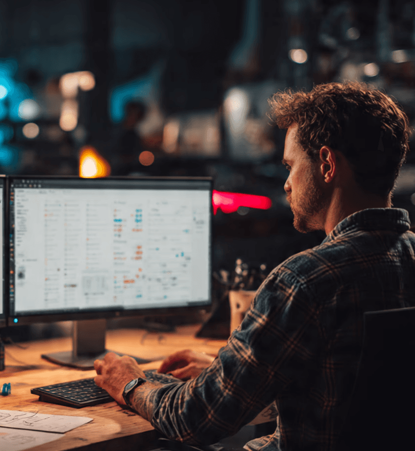 Man working on computer monitors, designing a car model.  He is focused and working in an office.