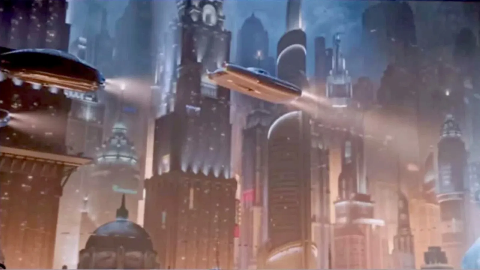 Futuristic cityscape with sleek flying cars navigating through towering skyscrapers illuminated by ambient city lights.