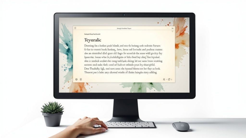 Desktop computer shows a document with text and watercolor art, with a person typing on the keyboard.