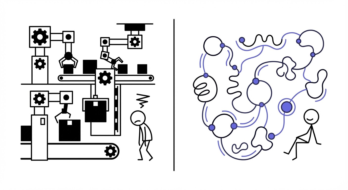 A split-screen illustration comparing a rigid, mechanical assembly line on the left with a fluid, intelligent, and interconnected network of shapes on the right, drawn in a minimalist, hand-sketched style.
