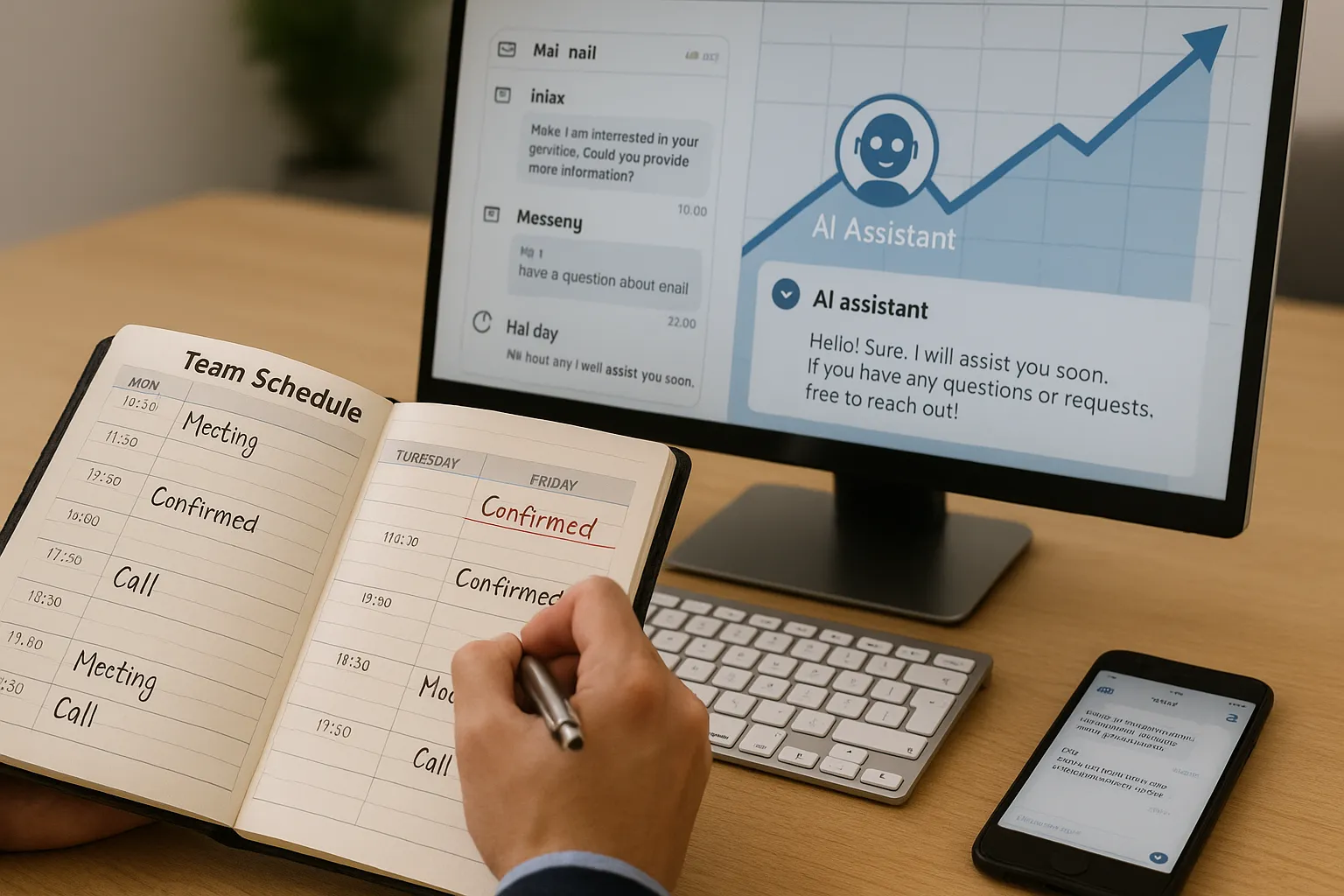 Un agenda d’équipe B2B se remplit de créneaux de rendez-vous confirmés pendant qu’un assistant IA répond à des leads sur email et messagerie, de jour comme de nuit, avec un graphique de performance en hausse en arrière-plan.
