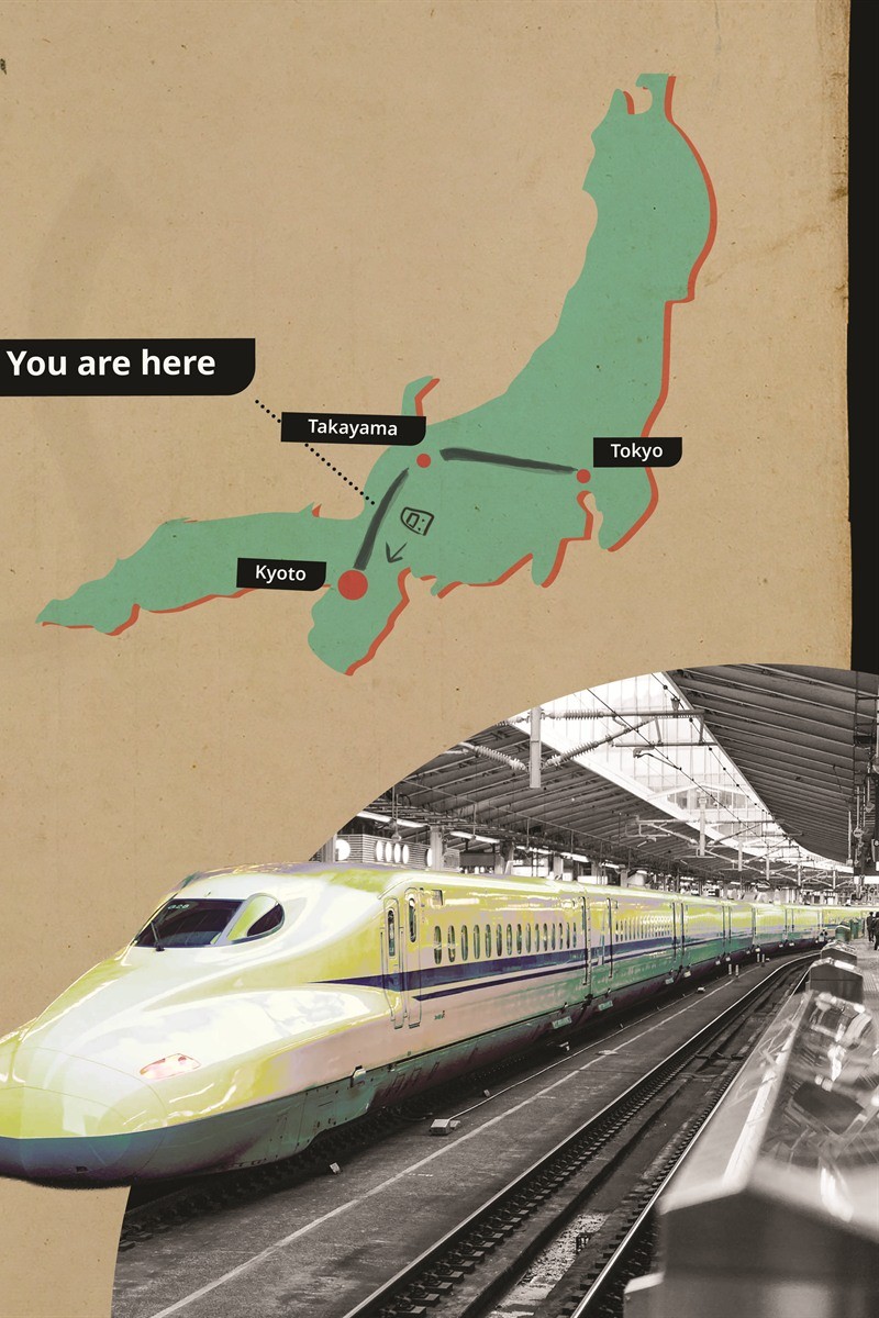 Editorial spread from a Japan travel guide, with a route map and shinkansen
