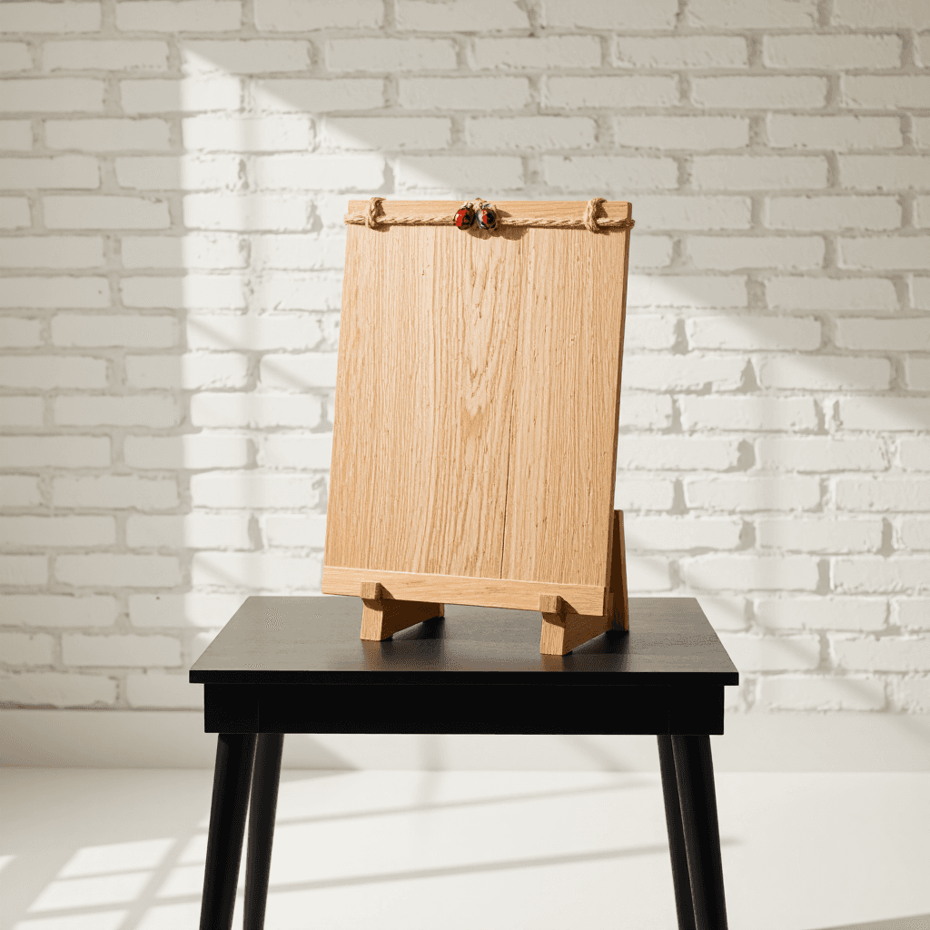 product photography of a wooden display stand with decorative rope and ladybug accents