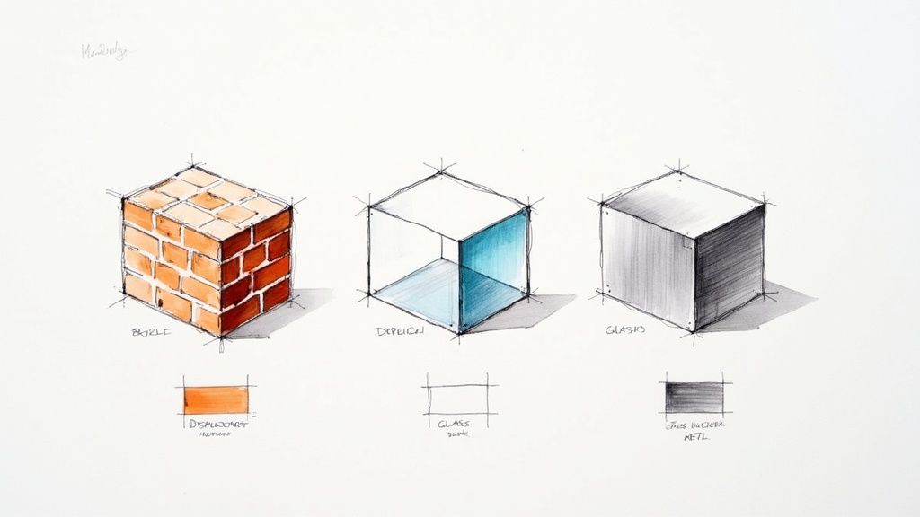 A sketch showing three cubes demonstrating different material renderings: brick, glass, and metal, with color swatches.