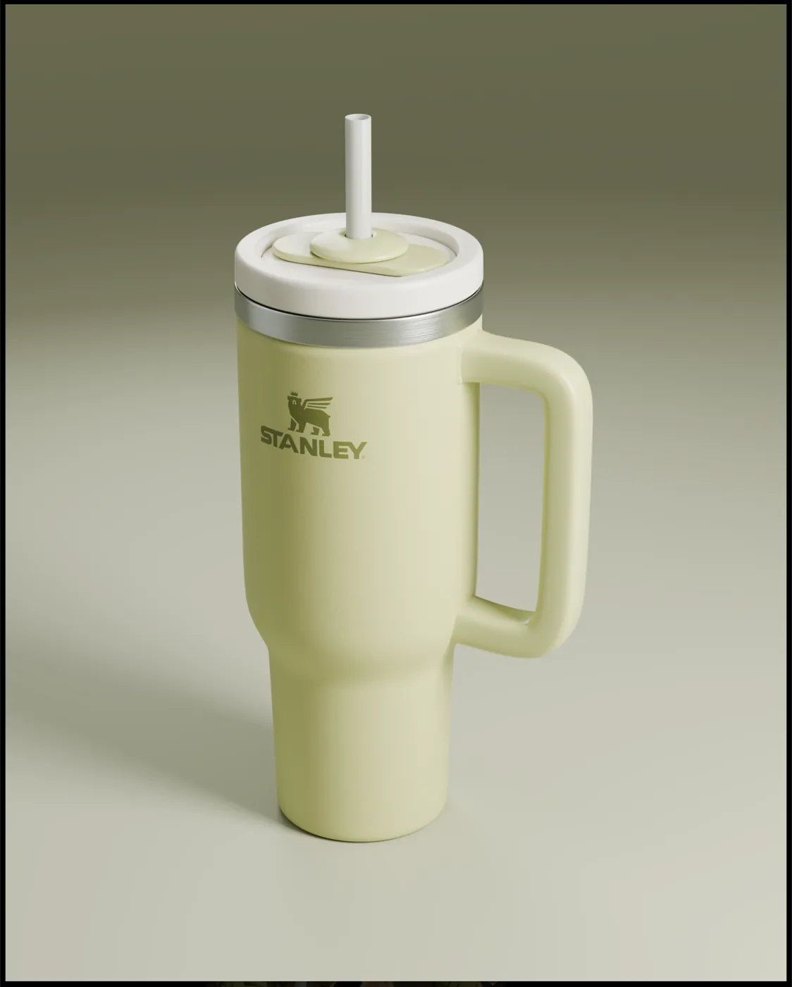 Render do copo Stanley pistache no Blender, a base de produto do vídeo publicitário com IA