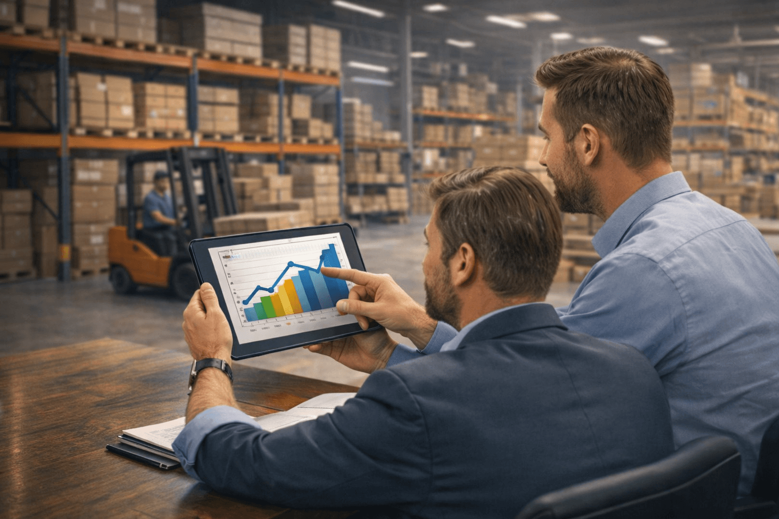 Vendedores analisando graficos de crescimento em um tablet dentro de uma distribuidora, com estoque organizado ao fundo, representando gestao comercial, vendas B2B e uso de dados para tomada de decisao.