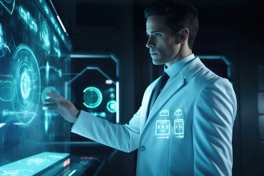 futuristic doctor examining biometric data