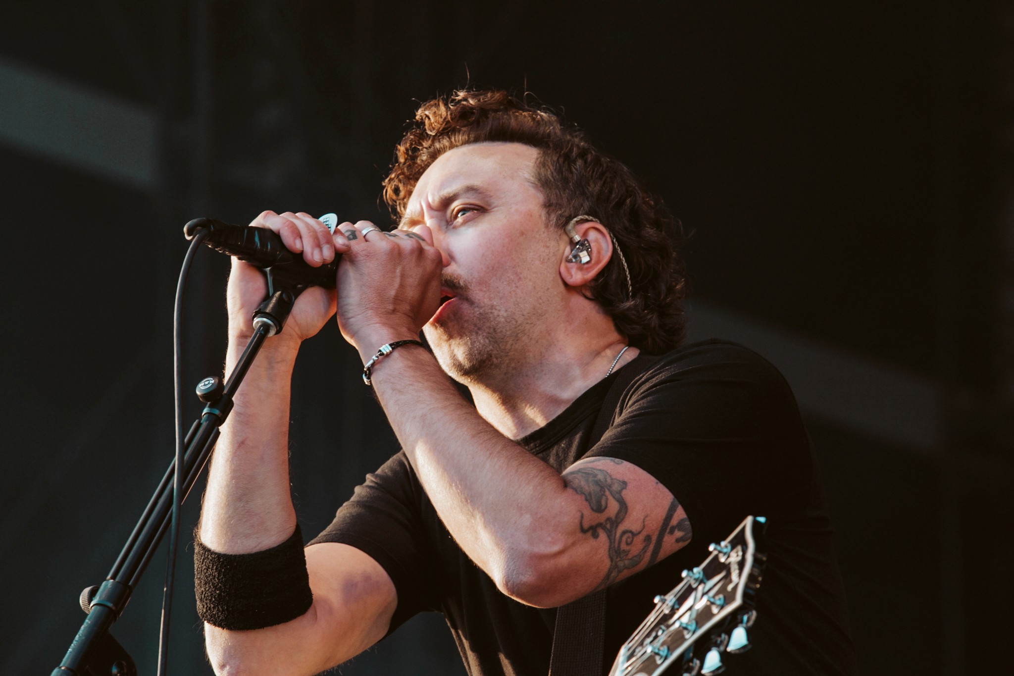 The singer of Rise Against at the microphone at a festival.